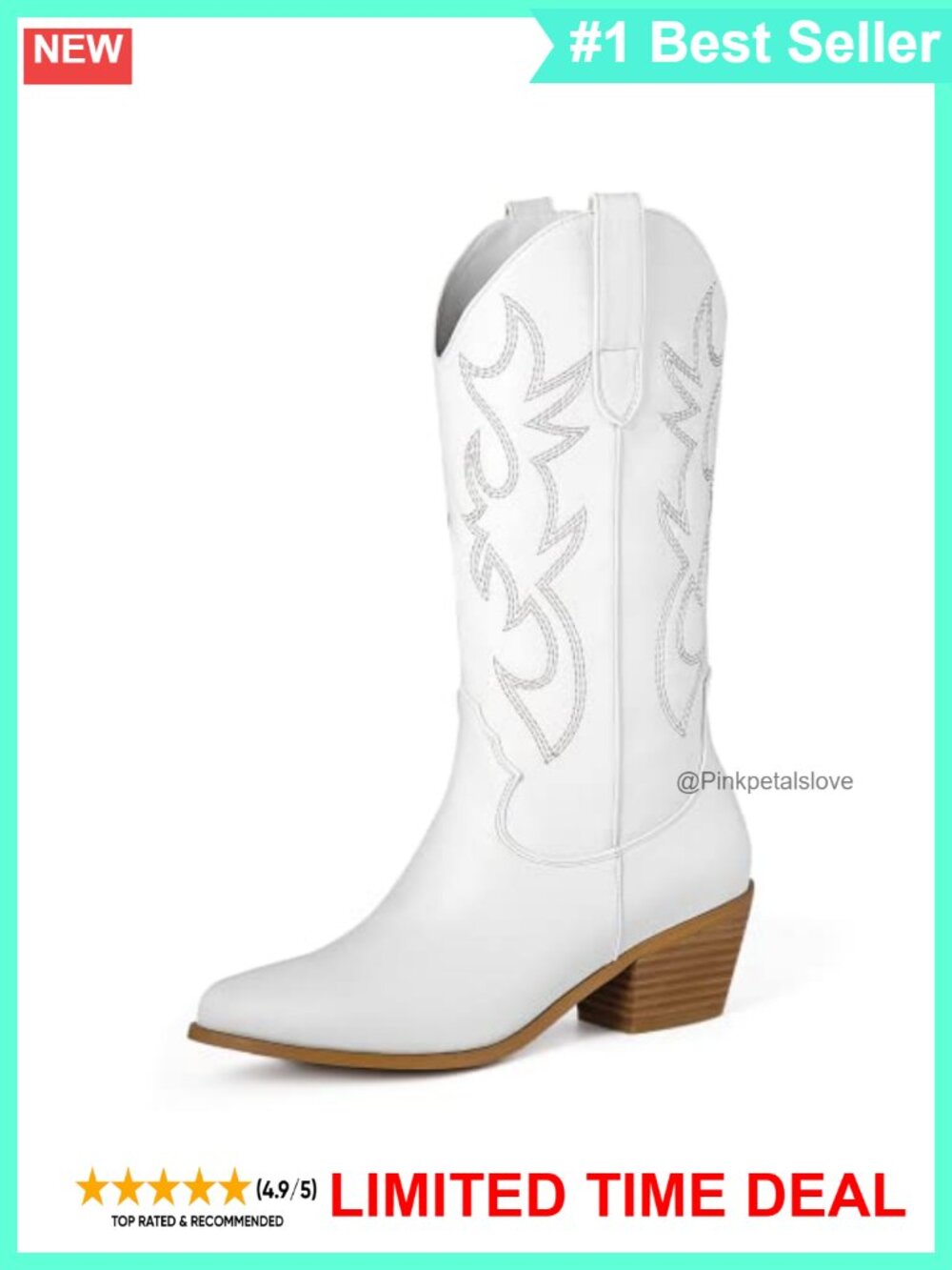Cowgirl Boots Mid Calf Pointed Toe Embroidered Western Chunky Pull On